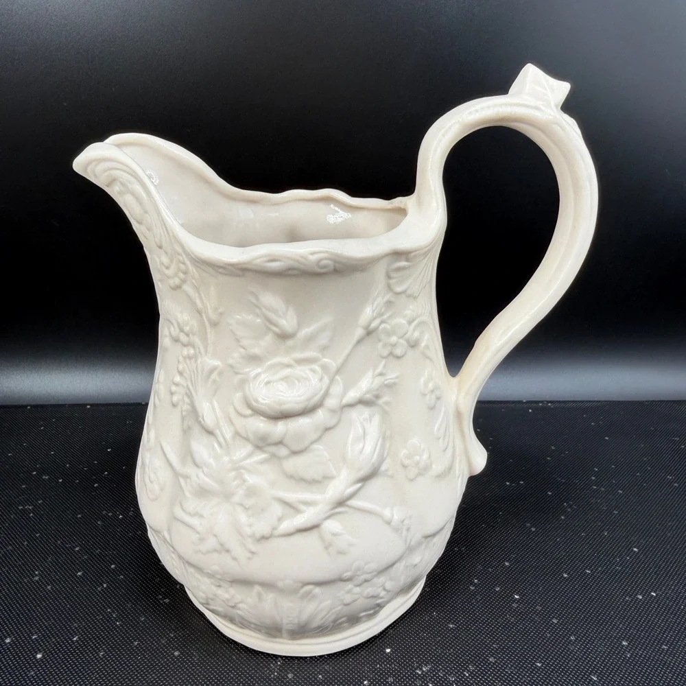 Vintage‎ M Bennett 1974 Embossed Rose Floral Ceramic Pitcher Cream White Signed